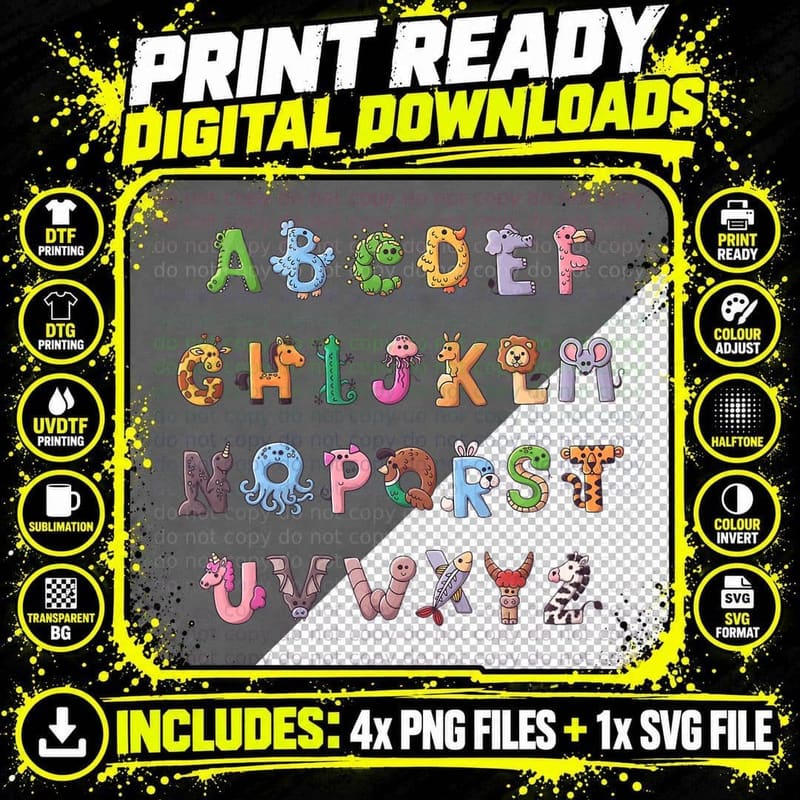 Animals Alphabet Back to School Cute First Day of School Png SVG Digital Bundle