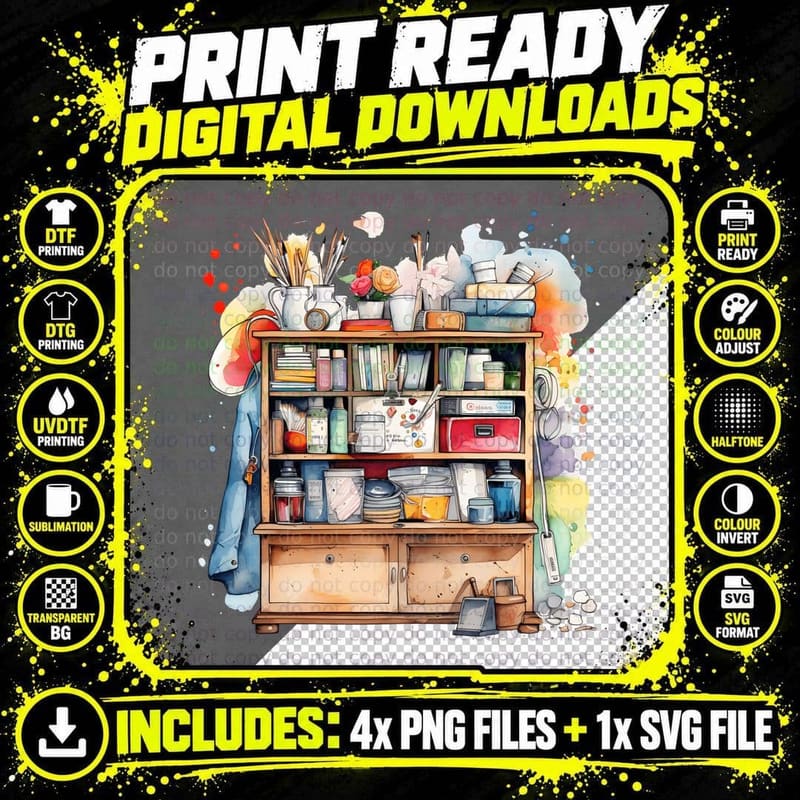Artistic Cluttered Shelf with Supplies Back to School Png SVG Digital Bundle
