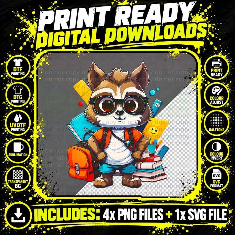 Back to School Cute Raccoon Lover First Day of School Png SVG Digital Bundle