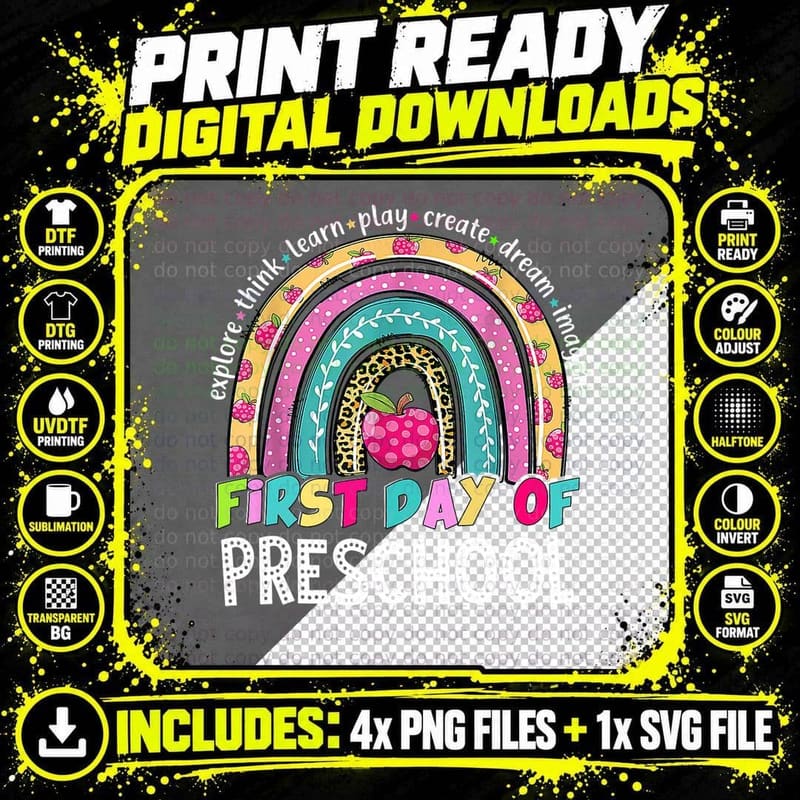 Back to School Preschool Rainbow First Day of Preschool Png SVG Digital Bundle