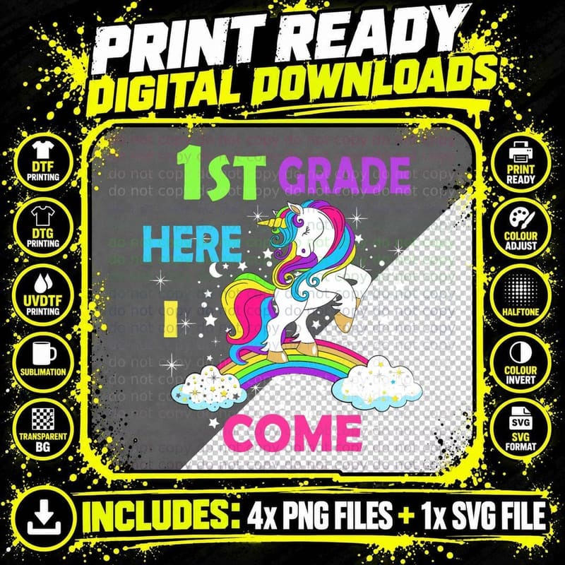 Back to School Unicorn Hello First Day of First Grade Png SVG Digital Bundle
