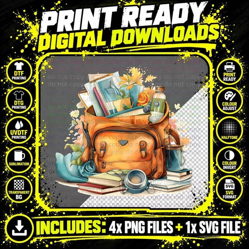 Backpack Filled with Books and Flowers Back to School Png SVG Digital Bundle