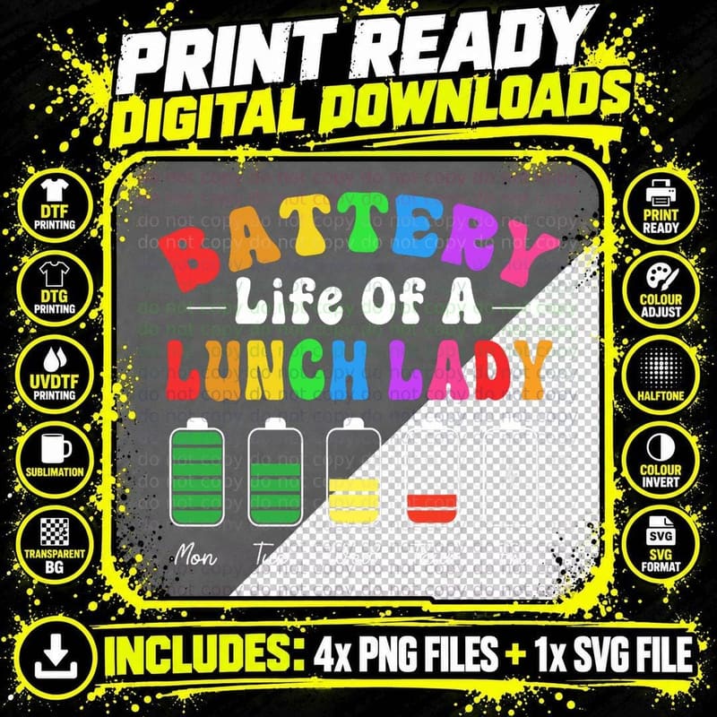 Battery Life of a School Lunch Lady Cafeteria Worker Png SVG Digital Bundle