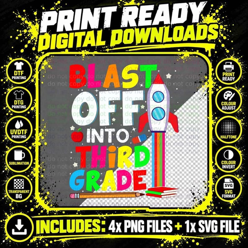 Blast off into Third Grade Funny Back to School 3rd Png SVG Digital Bundle