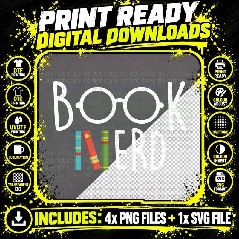 Book Nerd - School Librarian Library Bibliophile Reading Png SVG Digital Bundle