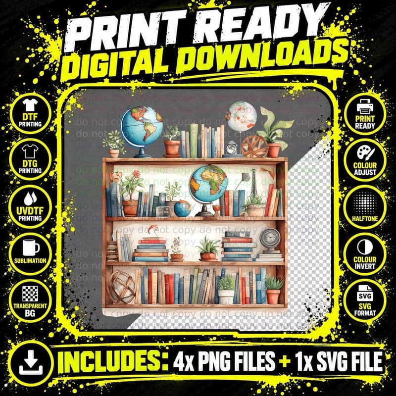 Bookshelf Filled with Books and Globes Back to School Png SVG Digital Bundle