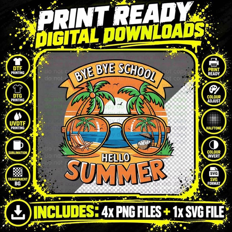 Bye School Hello Summer T-Shirt, Tropical Beach Sunset Png SVG Digital Bundle