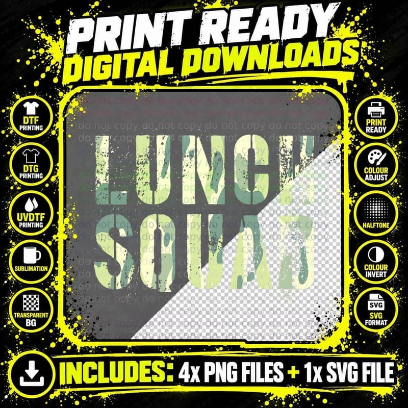 Camo LUNCH SQUAD Vintage School Office Food Service Crew Png SVG Digital Bundle