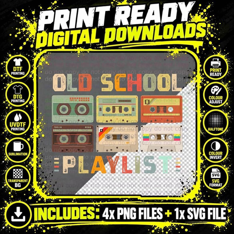 Cassette Tape Music 80s Retro Old School Playlist Png SVG Digital Bundle