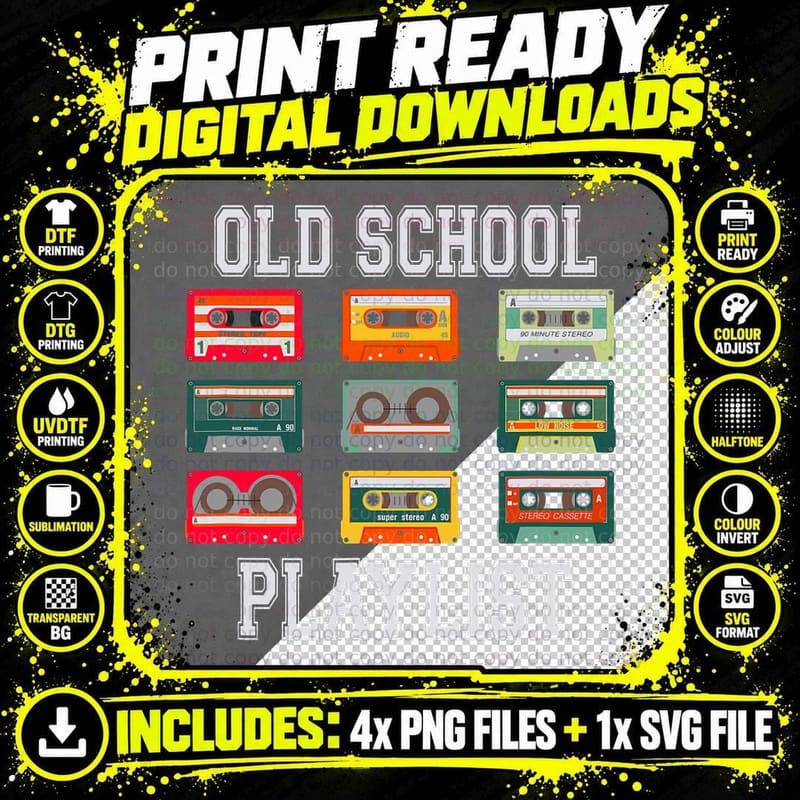 Cassette Tapes Mixtapes 1980s Radio Music Graphic Old Png SVG Digital Bundle