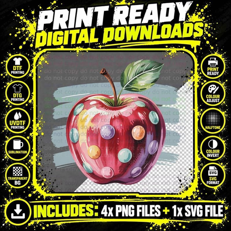 Colorful Apple with Bubbles Back to School T-Shirt Png SVG Digital Bundle