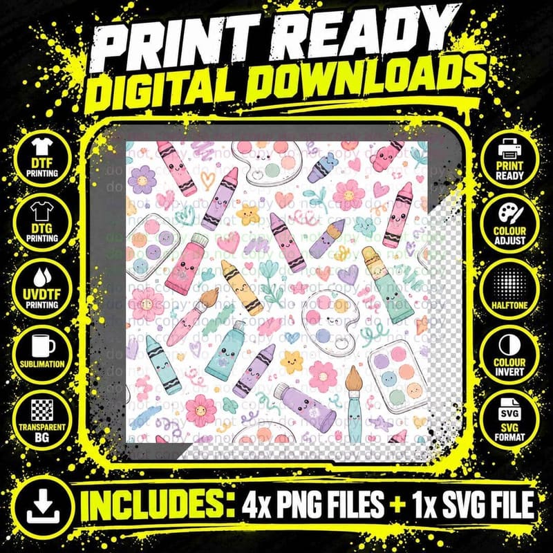 Colorful Art Supplies with Cute Faces Back to School Png SVG Digital Bundle