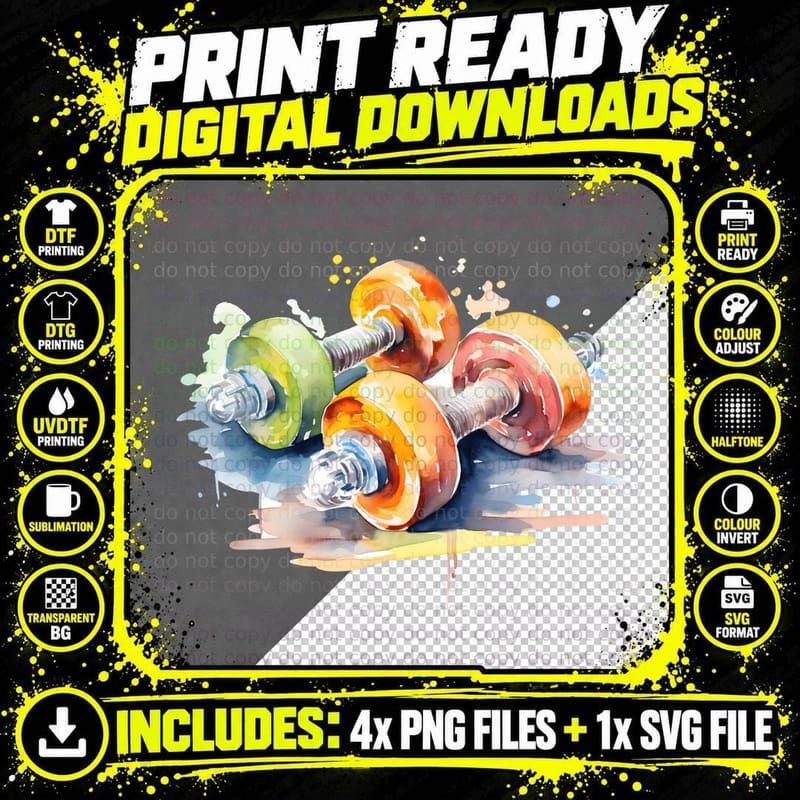 Colorful Dumbbells in Watercolor Style Back to School Png SVG Digital Bundle