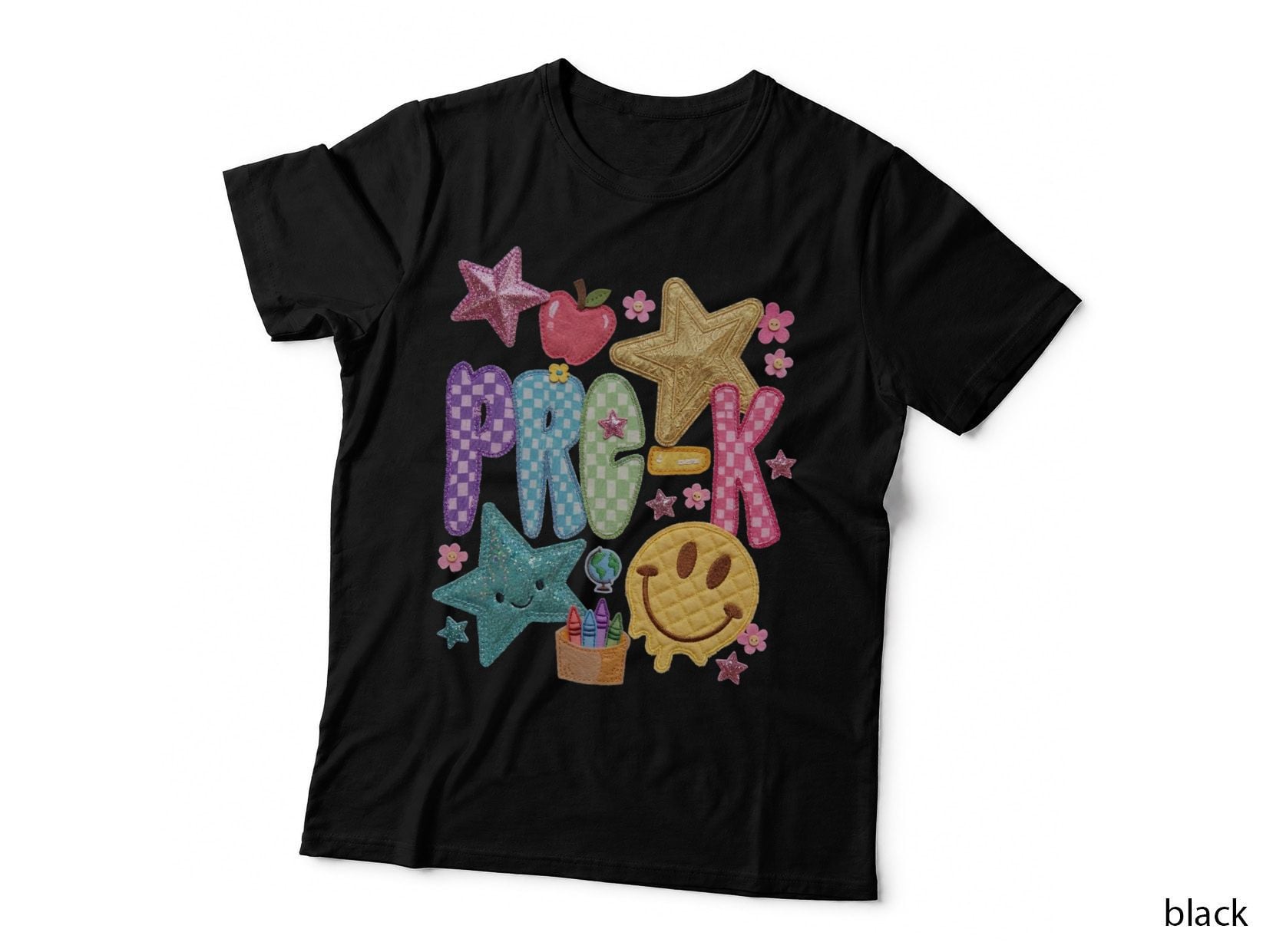 Colorful Fabric Patches with Stars and Smiley Face Back to School T-Shirt