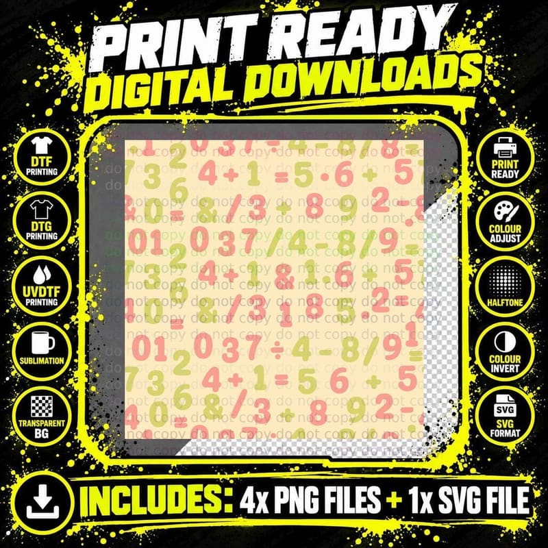 Colorful Numbers and Symbols Pattern Back to School Png SVG Digital Bundle