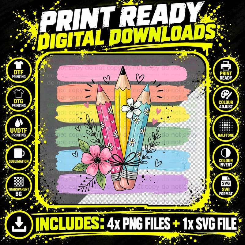 Colorful Pencils with Flowers Back to School T-Shirt Png SVG Digital Bundle