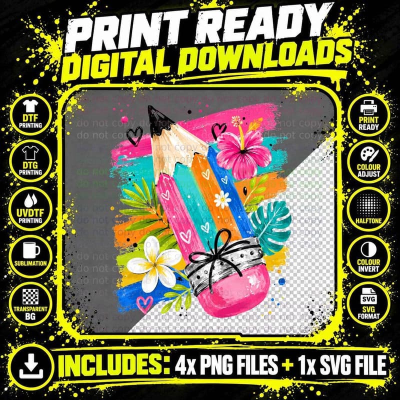 Colorful Pencils with Flowers School Grade Level T-Shirt Png SVG Digital Bundle
