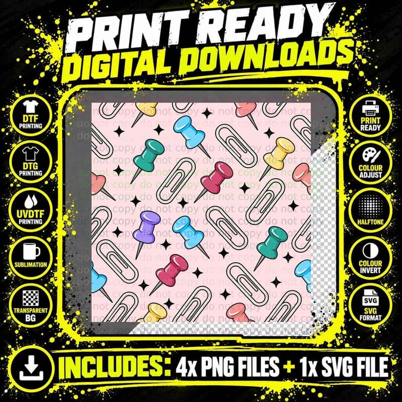 Colorful Pushpins & Paperclips Pattern Back to School Png SVG Digital Bundle