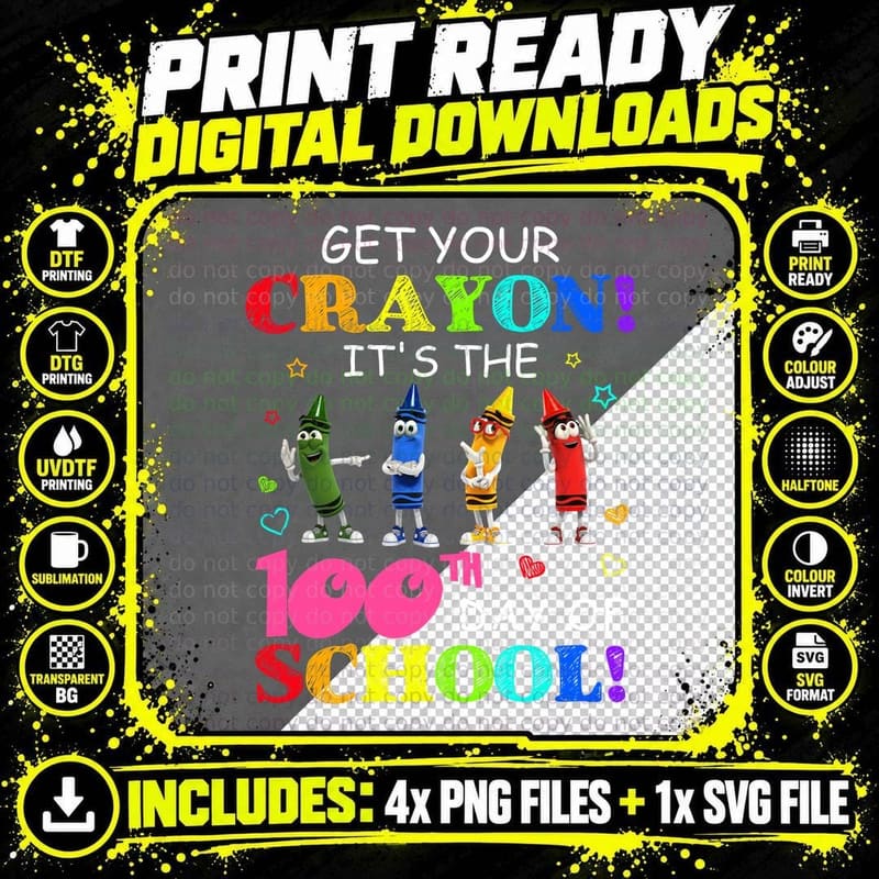 Crayon 100th Day of School T-Shirt, Kids School Style Png SVG Digital Bundle