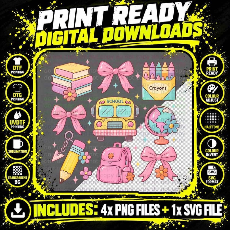 Crayons Back to School T-Shirt, School Supplies & Bows Png SVG Digital Bundle
