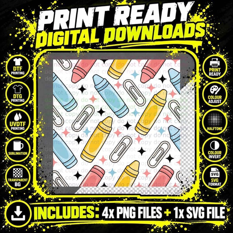 Crayons and Paperclips Pattern Back to School T-Shirt Png SVG Digital Bundle