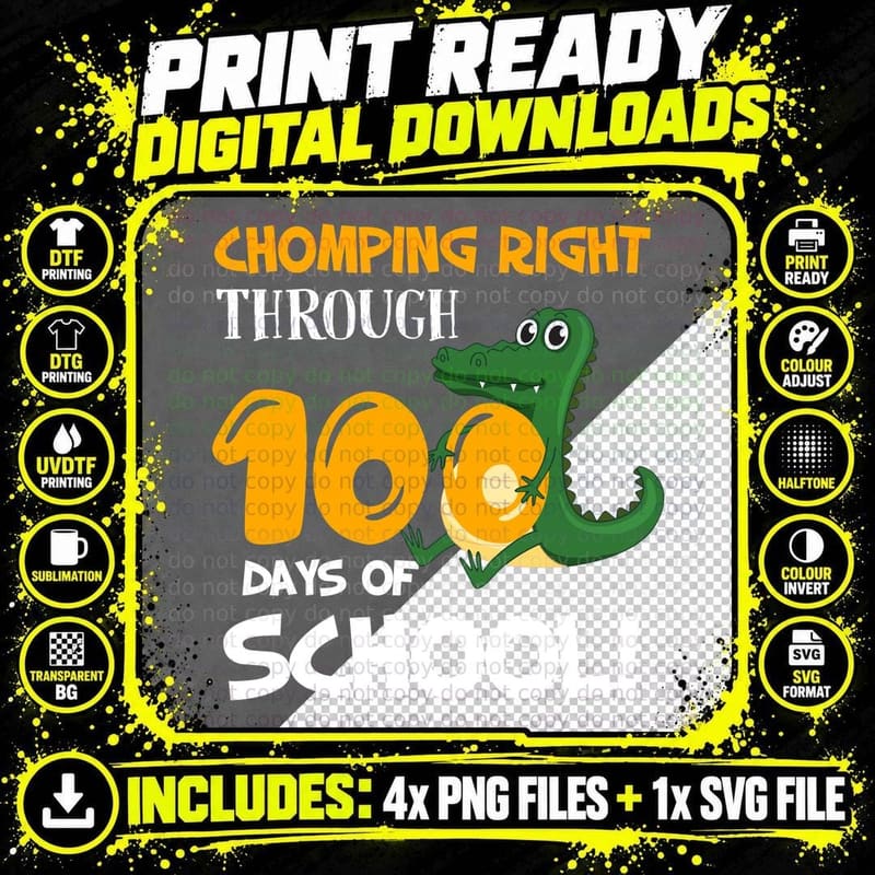 Crocodile Chomping Right Through 100 Days T-Shirt Png SVG Digital Bundle