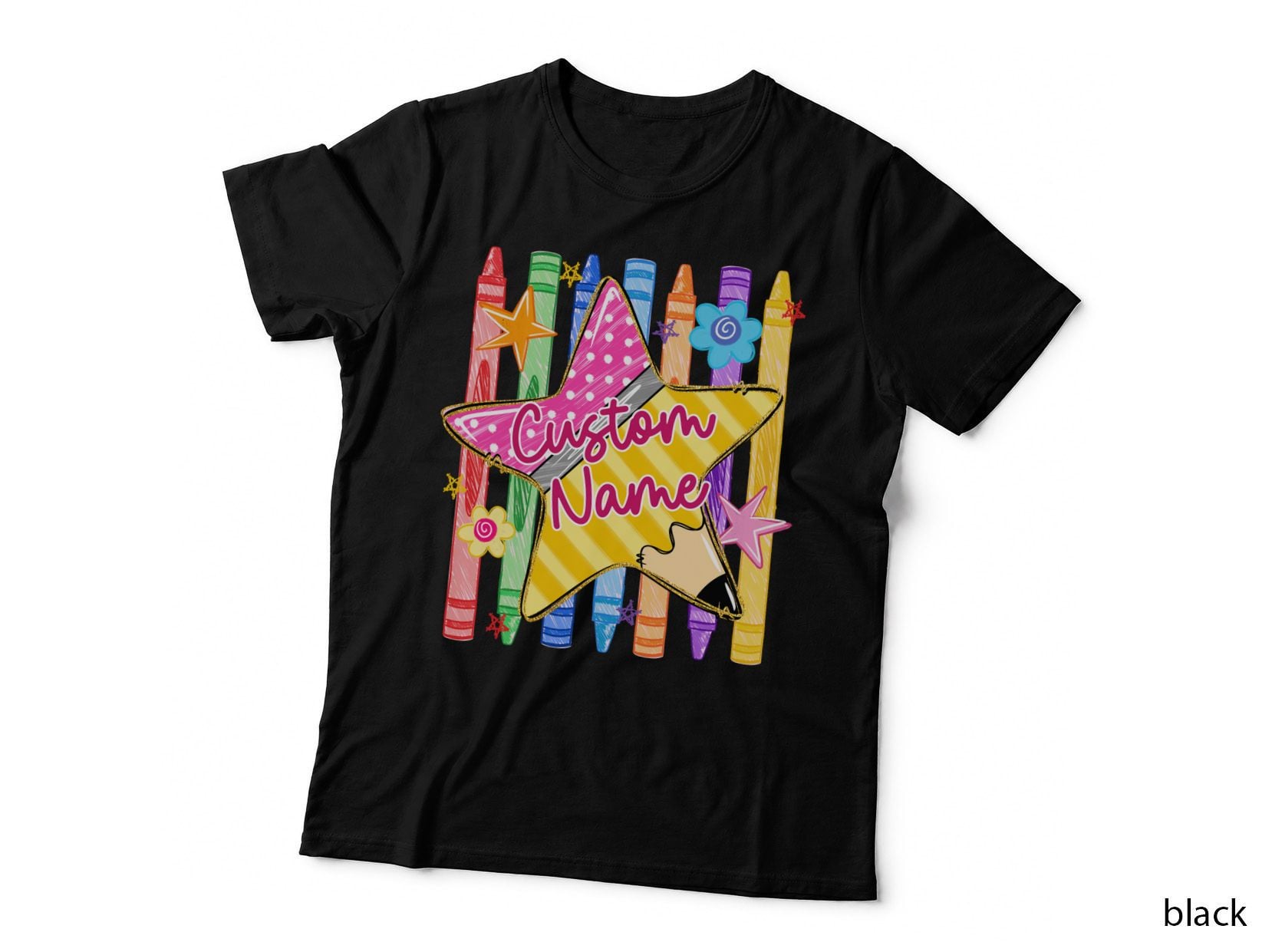 Custom Name Back to School T-Shirt, Crayon Stars with Flowers Graphic Tee