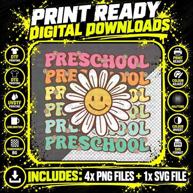 Cute Preschool Groovy First Day of Pre K Back to School Png SVG Digital Bundle