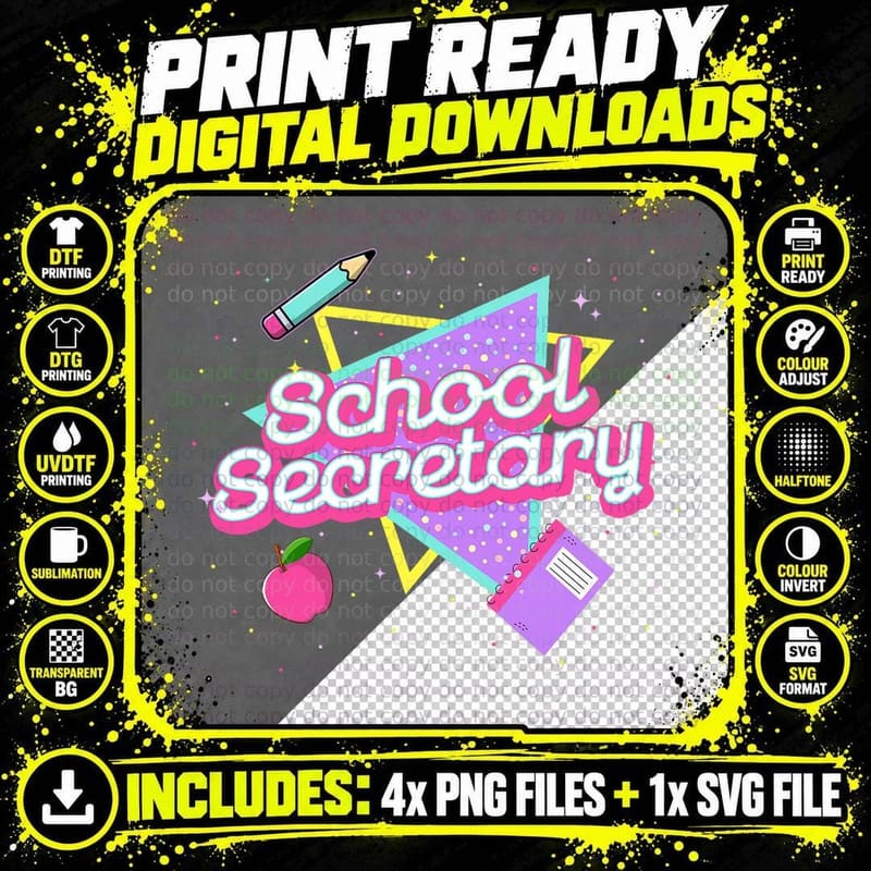 Cute School Secretary Shirt 80's 90's Back to School Png SVG Digital Bundle