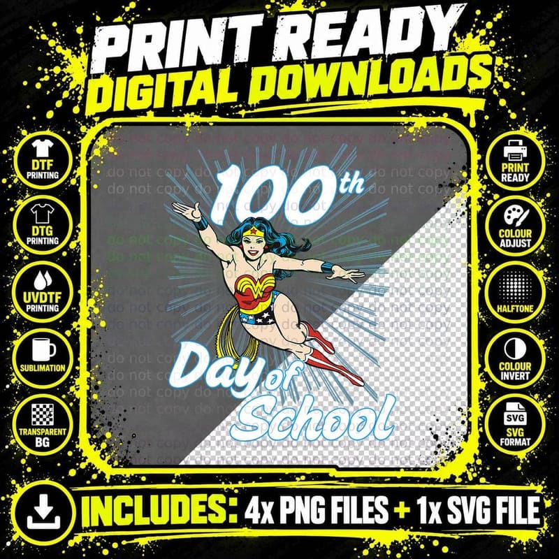 DC Comics Wonder Woman 100th Day of School T-Shirt Png SVG Digital Bundle