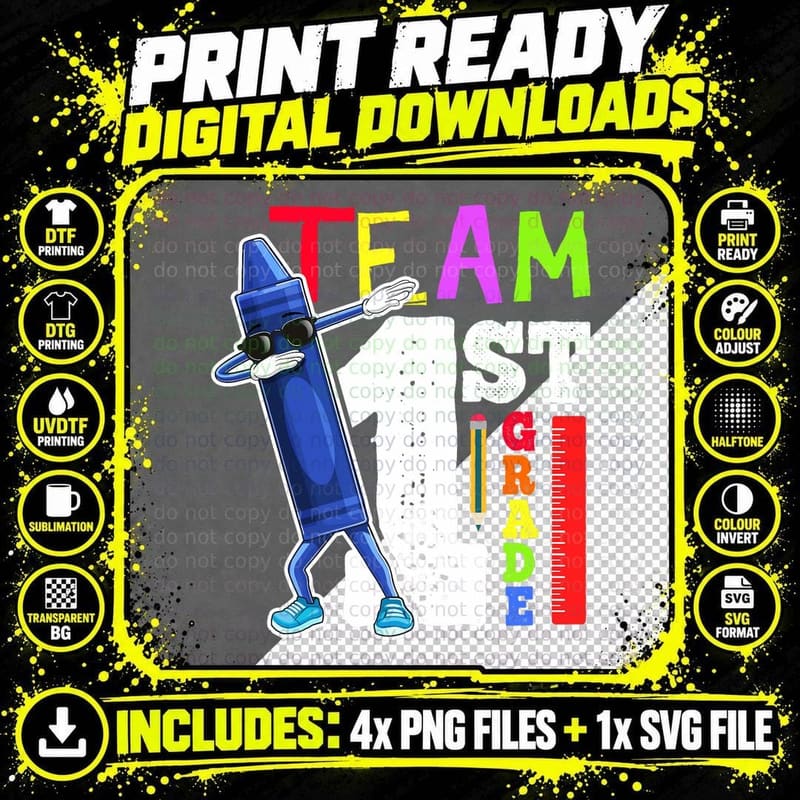 Dabbing Crayon Team First Grade Shirt Back to School Png SVG Digital Bundle
