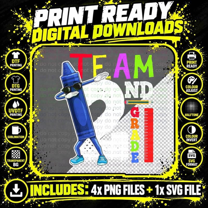 Dabbing Crayon Team Second Grade Back to School Shirt Png SVG Digital Bundle