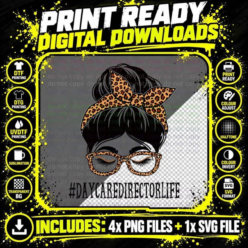 Daycare Director Leopard Messy Bun Women Back to School Png SVG Digital Bundle