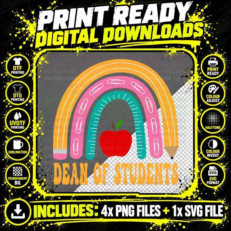 Dean of Students Rainbow Pencil Back to School Png SVG Digital Bundle