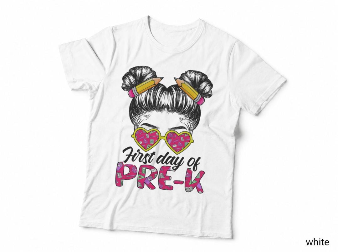 First Day of Pre K Messy Bun Back to School Student T-Shirt