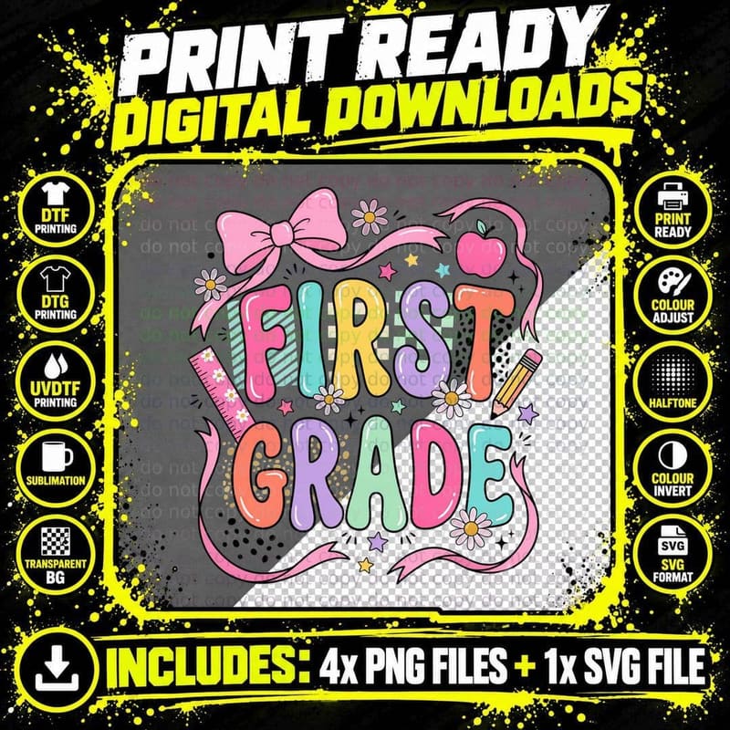 First Grade School Grade Level Design T-Shirt Png SVG Digital Bundle
