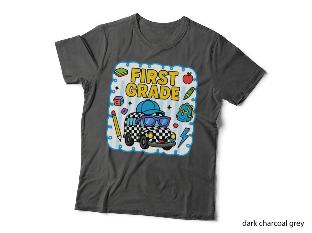 First Grade School Grade Level T-Shirt, First Grade School Bus with Graphic Tee