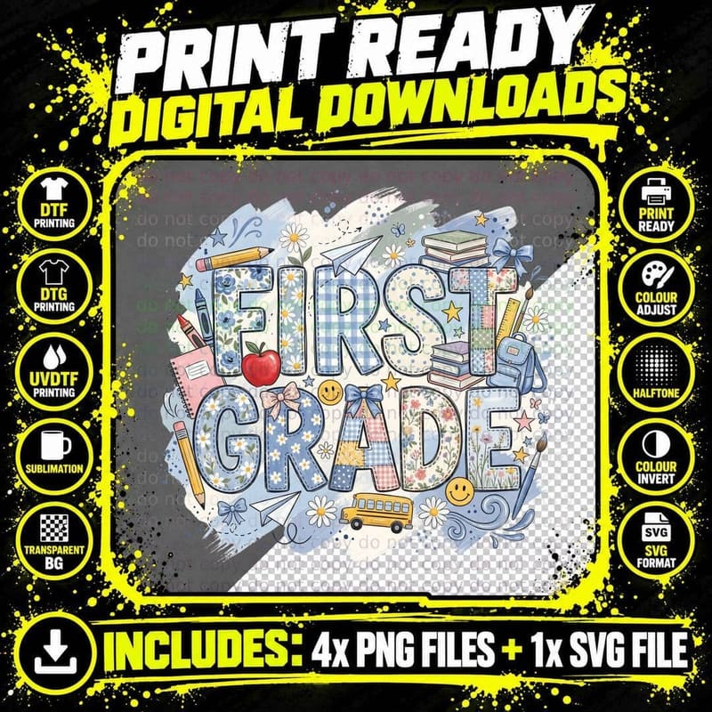 First Grade School Grade Level T-Shirt Png SVG Digital Bundle
