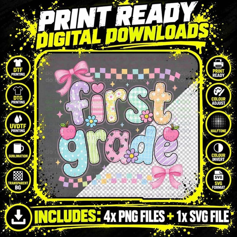 First Grade School Grade Level T-Shirt Png SVG Digital Bundle