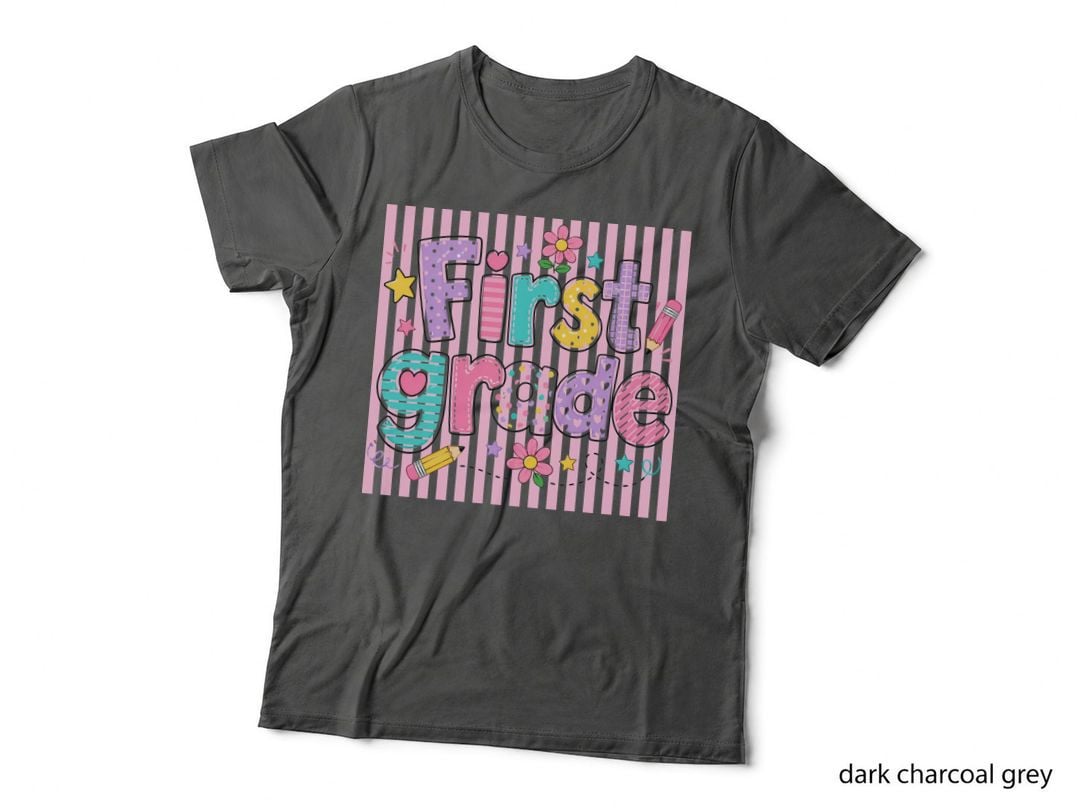 First Grade School Grade Level T-Shirt, Pastel Stripes with Flowers and Graphic