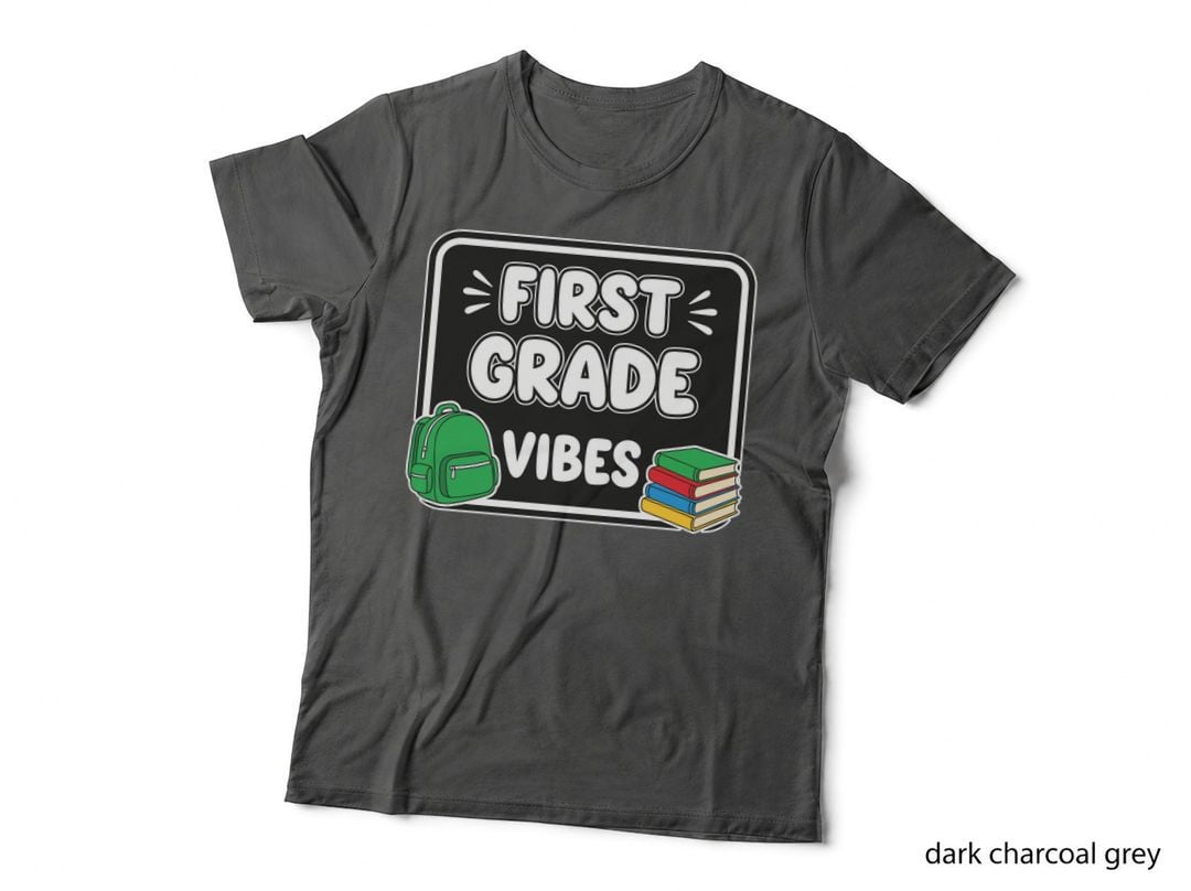 First Grade Vibes School Grade Level T-Shirt, School Supplies on Black