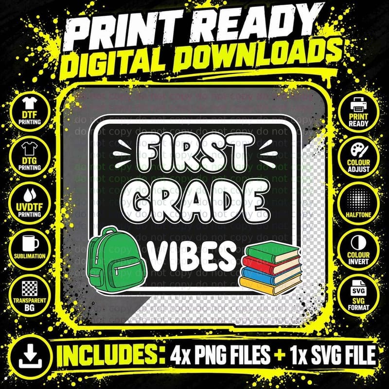 First Grade Vibes School Grade Level T-Shirt Png SVG Digital Bundle