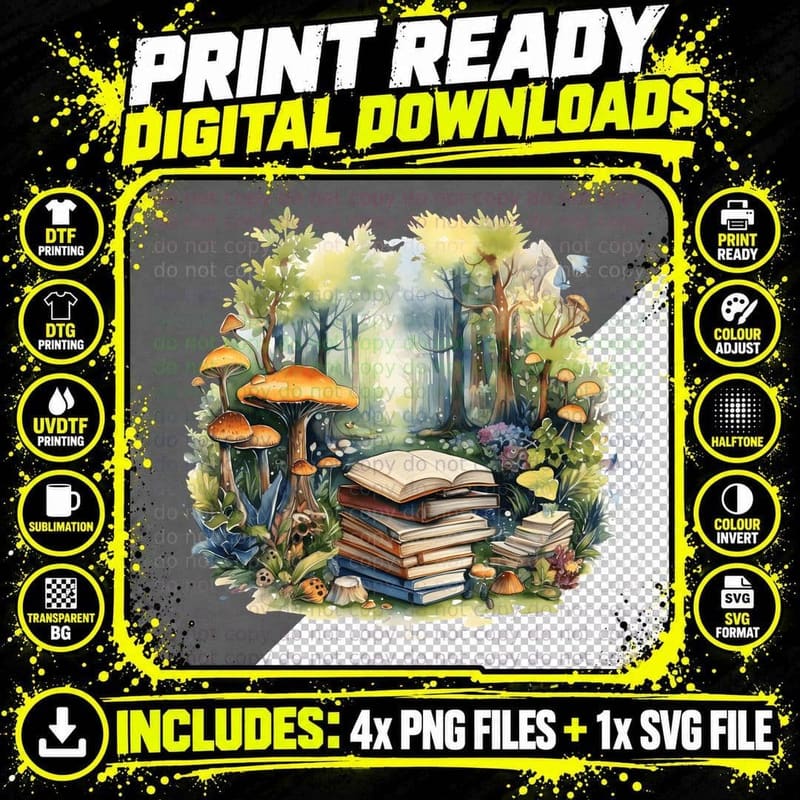 Forest Books and Mushrooms Back to School T-Shirt Png SVG Digital Bundle