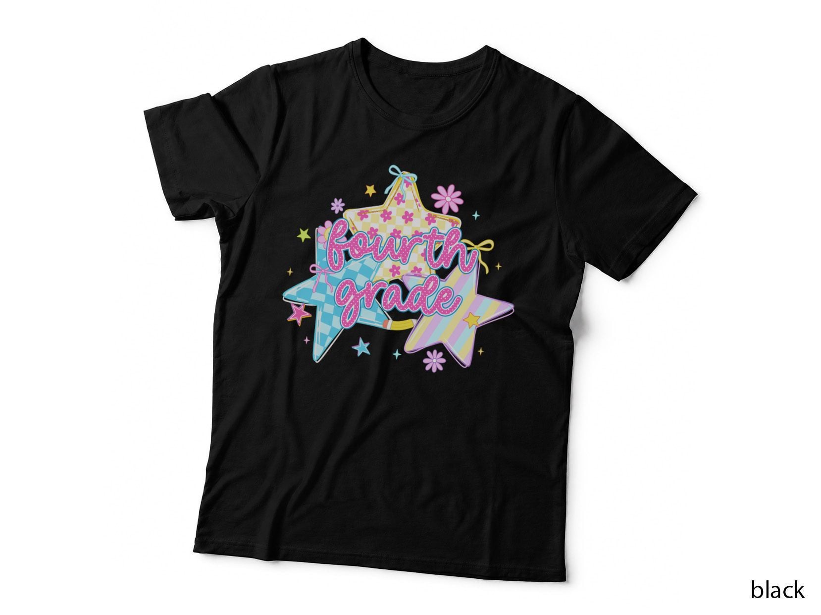 Fourth Grade Back to School T-Shirt, Pastel Stars and Flowers on a Gray Graphic