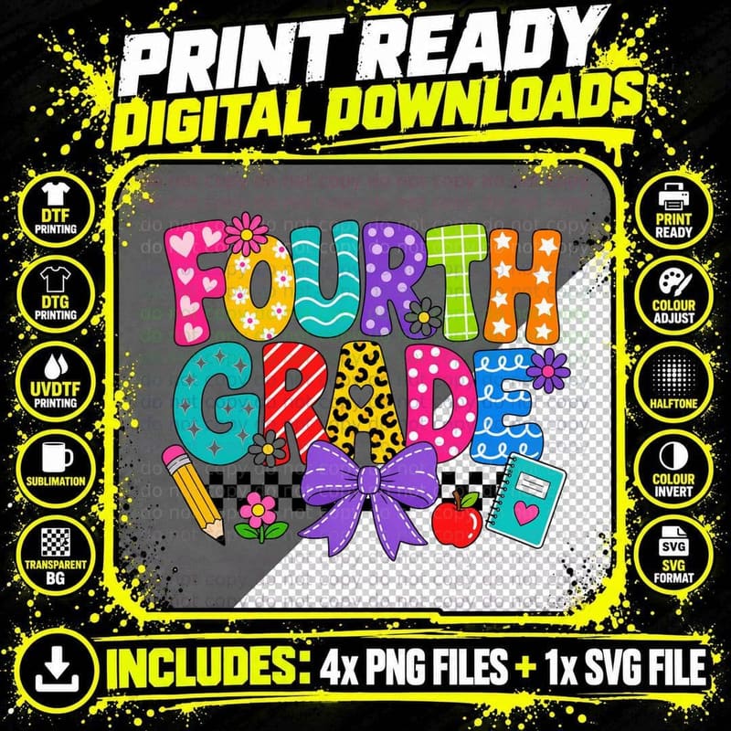 Fourth Grade School Grade Level T-Shirt Png SVG Digital Bundle