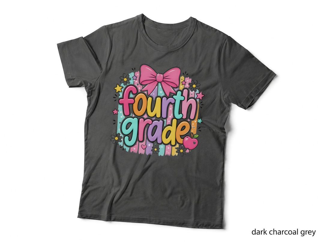 Fourth Grade School Grade Level T-Shirt, Pastel Rainbow Stripes with Flowers