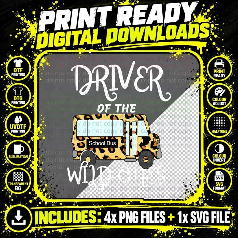 Funny School Bus Driver Leopard Cheetah Back to School Png SVG Digital Bundle