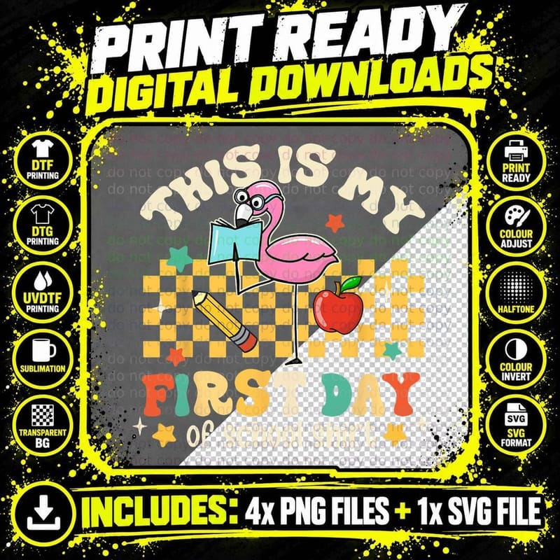 Groovy This Is My First Day of School Funny Flamingo Png SVG Digital Bundle