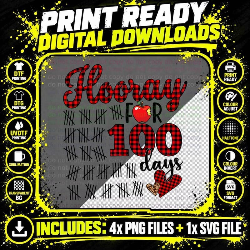 Happy 100th Day of School Buffalo Plaid Hooray for 100 Png SVG Digital Bundle