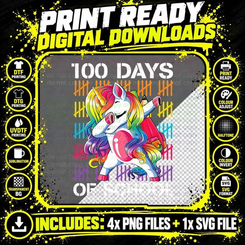 Happy 100th Day of School Teachers 100 Days Unicorn Png SVG Digital Bundle